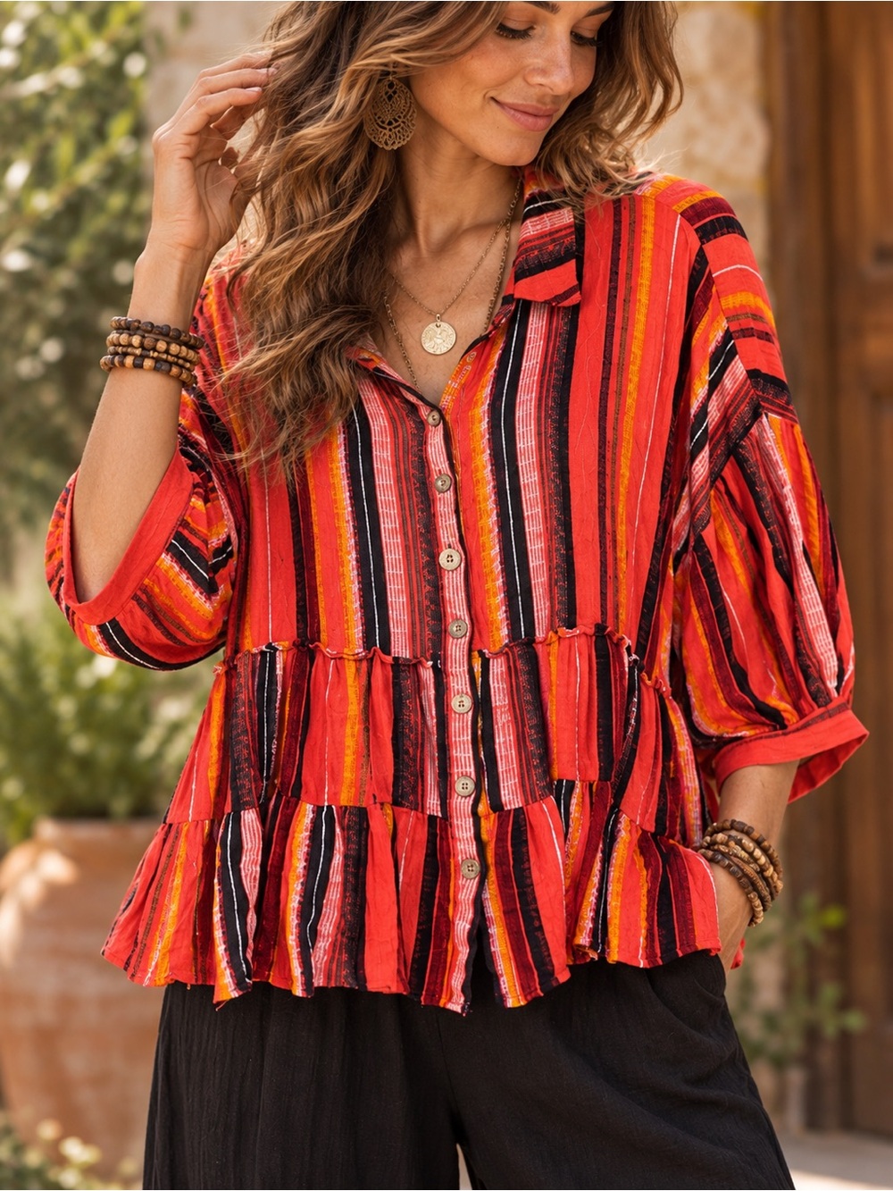 Button-Front Tiered Peplum Blouse in Reddish/Coral Stripe